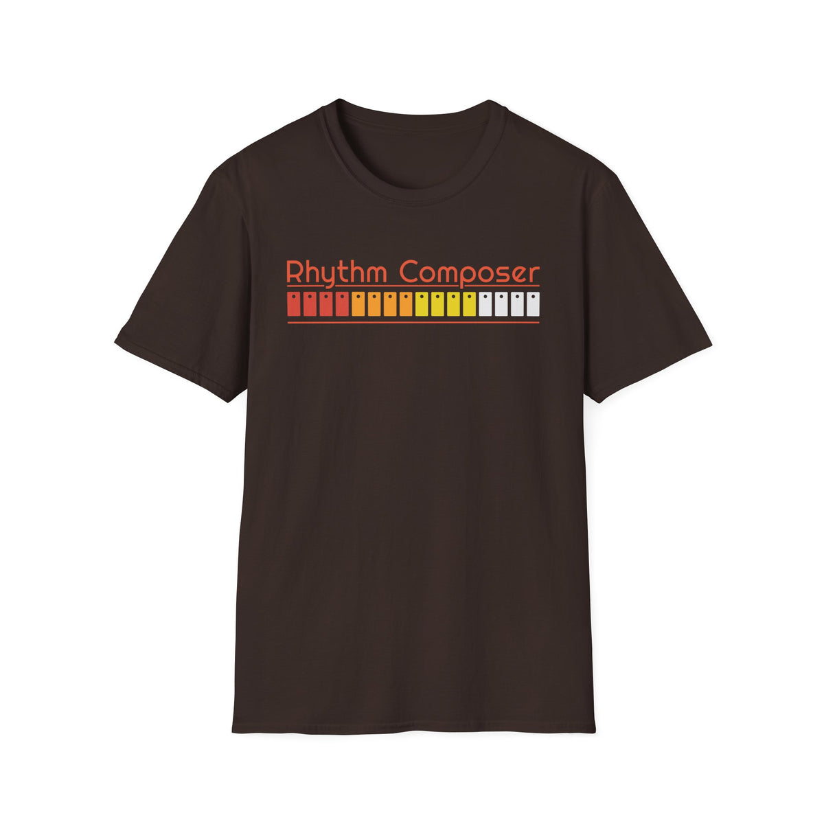 Dark brown t-shirt with "Rhythm Composer" and a colorful sequencer graphic.