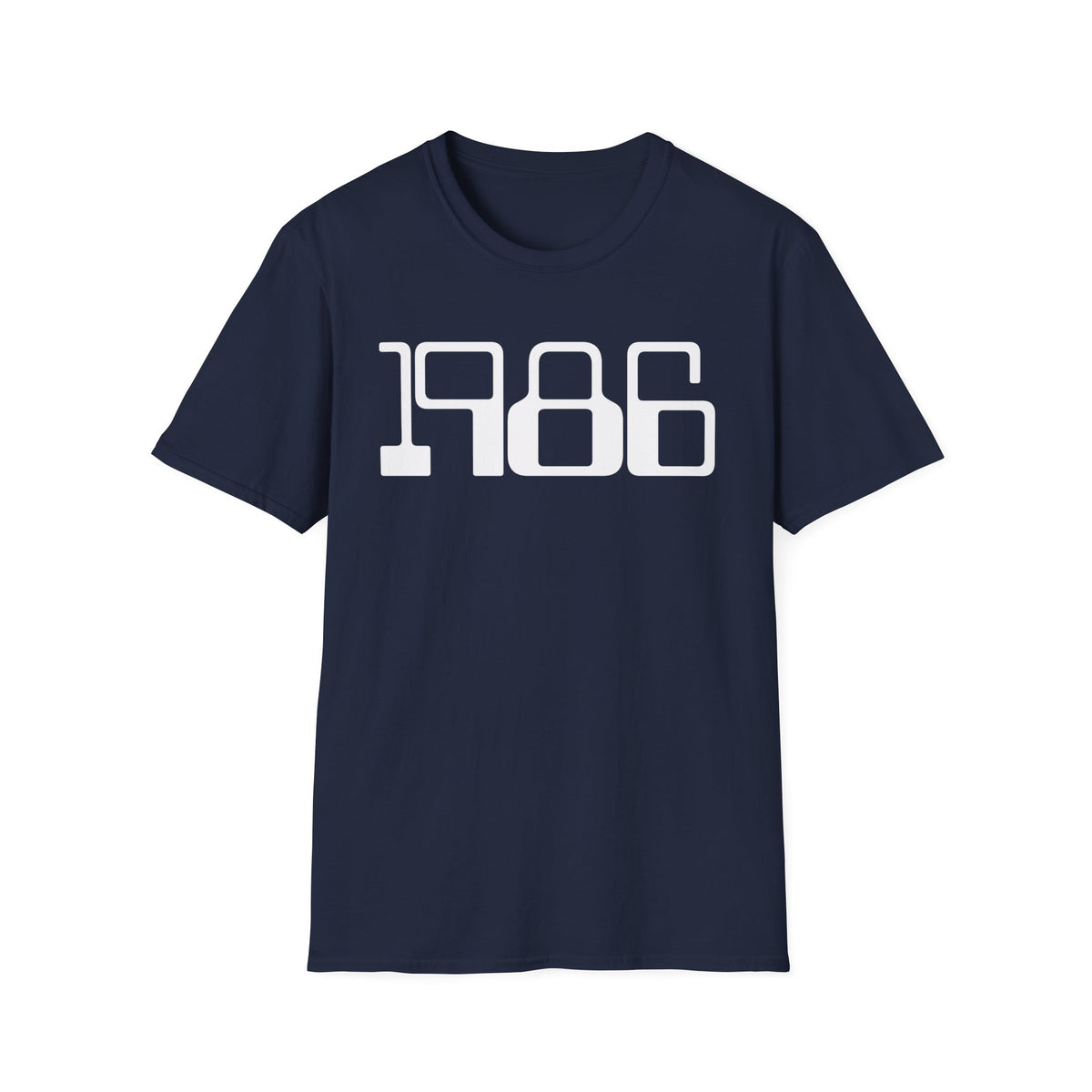 Navy blue t-shirt with white "1986" graphic on the front.
