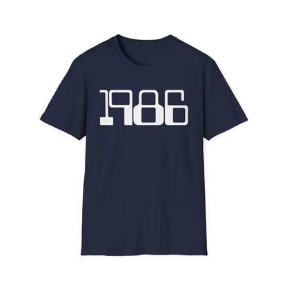 Navy blue t-shirt with white "1986" graphic on the front.