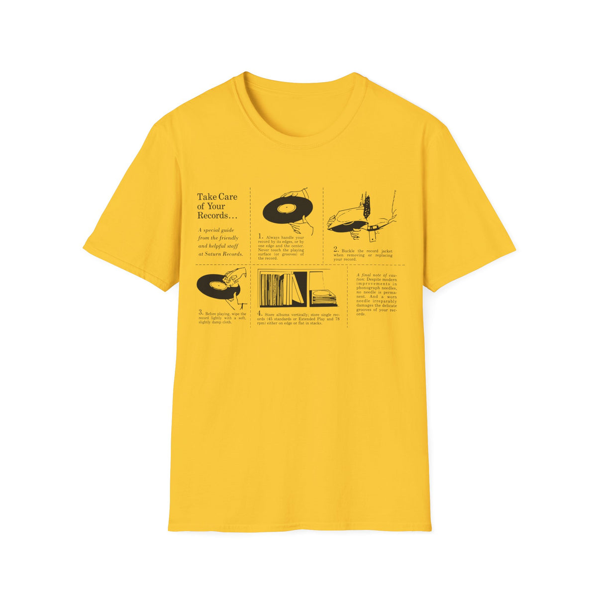 Yellow t-shirt with black graphic: "Take Care of Your Records..." and four illustrated vinyl record care tips.