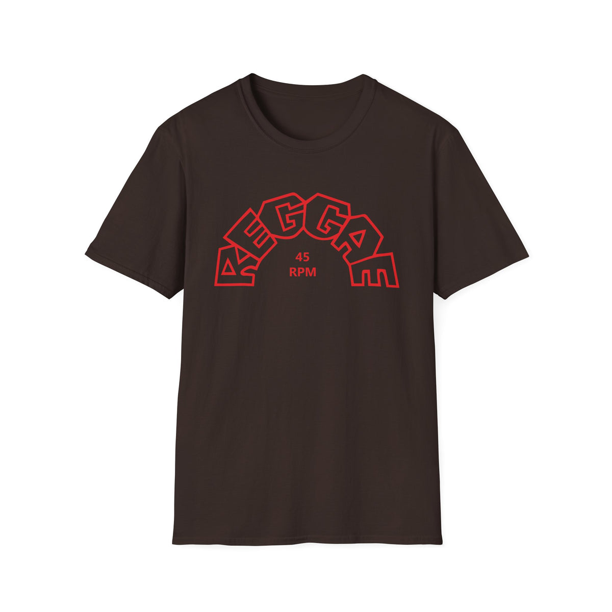 Brown t-shirt with red "REGGAE 45 RPM" graphic design.