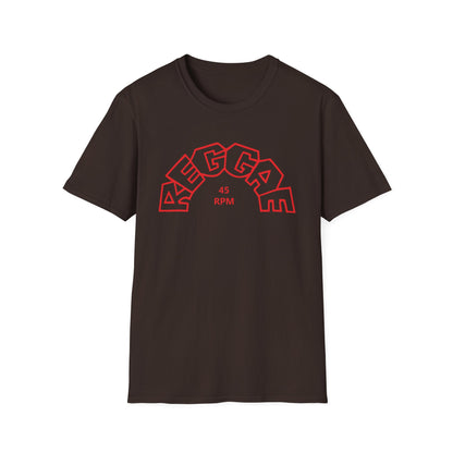 Brown t-shirt with red "REGGAE 45 RPM" graphic design.