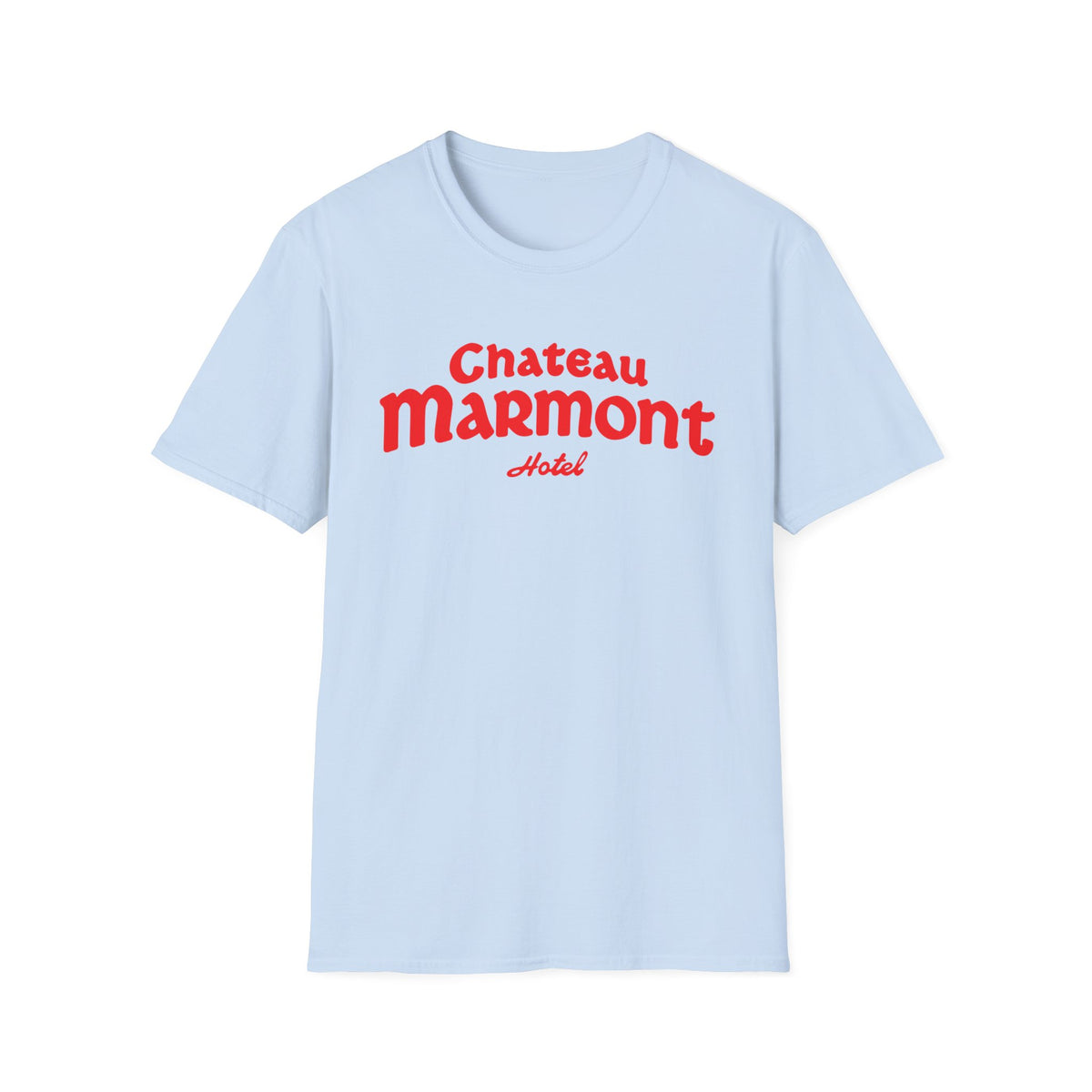 Light blue t-shirt with red "Chateau Marmont Hotel" logo on front.