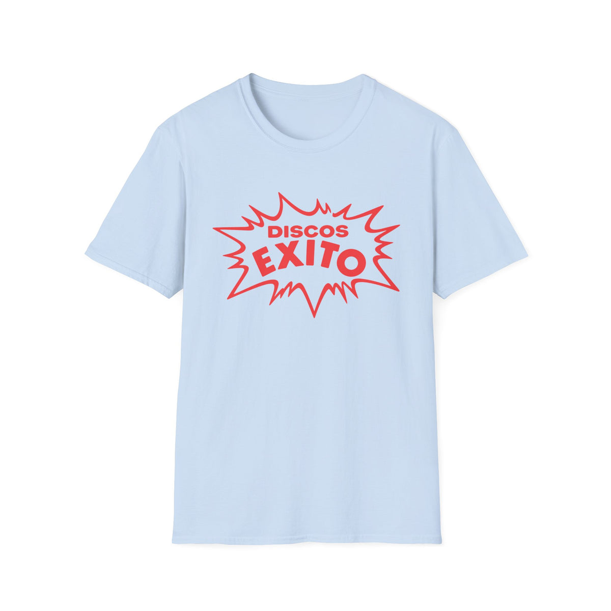 Light blue t-shirt with red "Discos Exito" text in a pop art style.