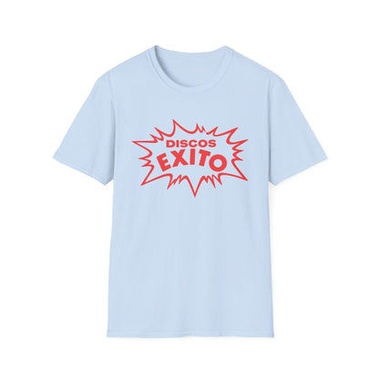 Light blue t-shirt with red "Discos Exito" text in a pop art style.