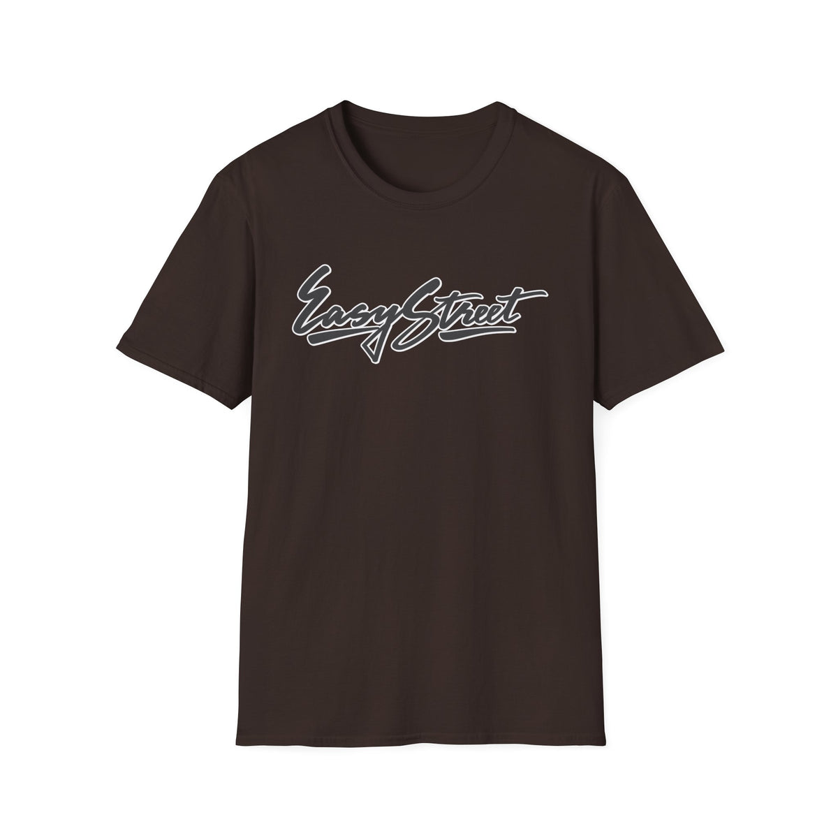 Brown t-shirt with white "Easy Street" script logo on the chest.