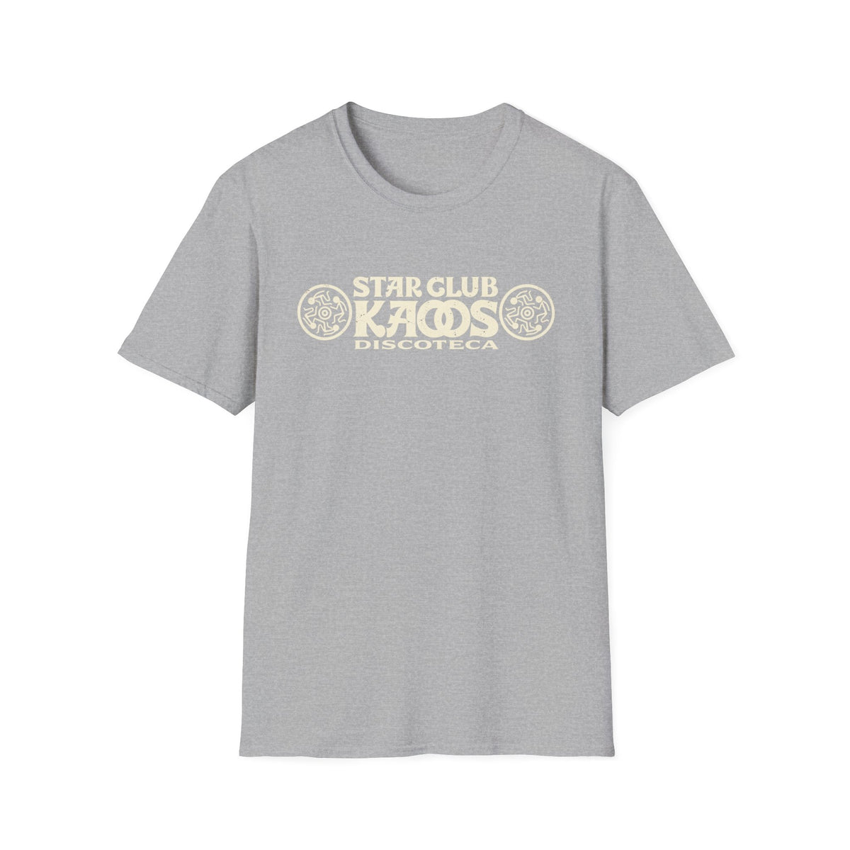 Grey t-shirt with cream graphic "STAR CLUB KAOS DISCOTECA".