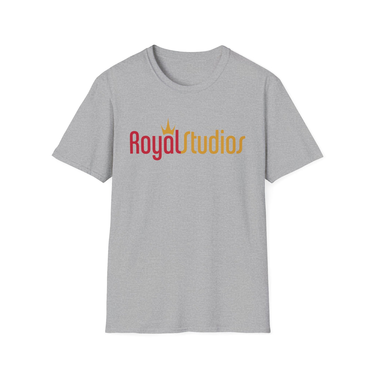 Grey t-shirt with red and yellow "RoyalStudios" text and crown graphic.