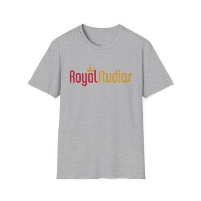 Grey t-shirt with red and yellow "RoyalStudios" text and crown graphic.