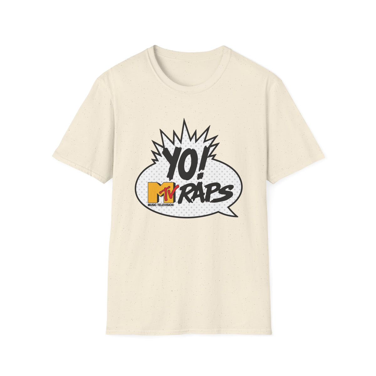 Cream t-shirt with "YO! MTV RAPS MUSIC TELEVISION" graphic.