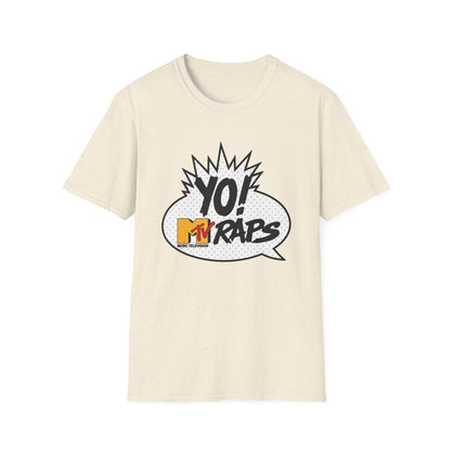 Cream t-shirt with "YO! MTV RAPS MUSIC TELEVISION" graphic.