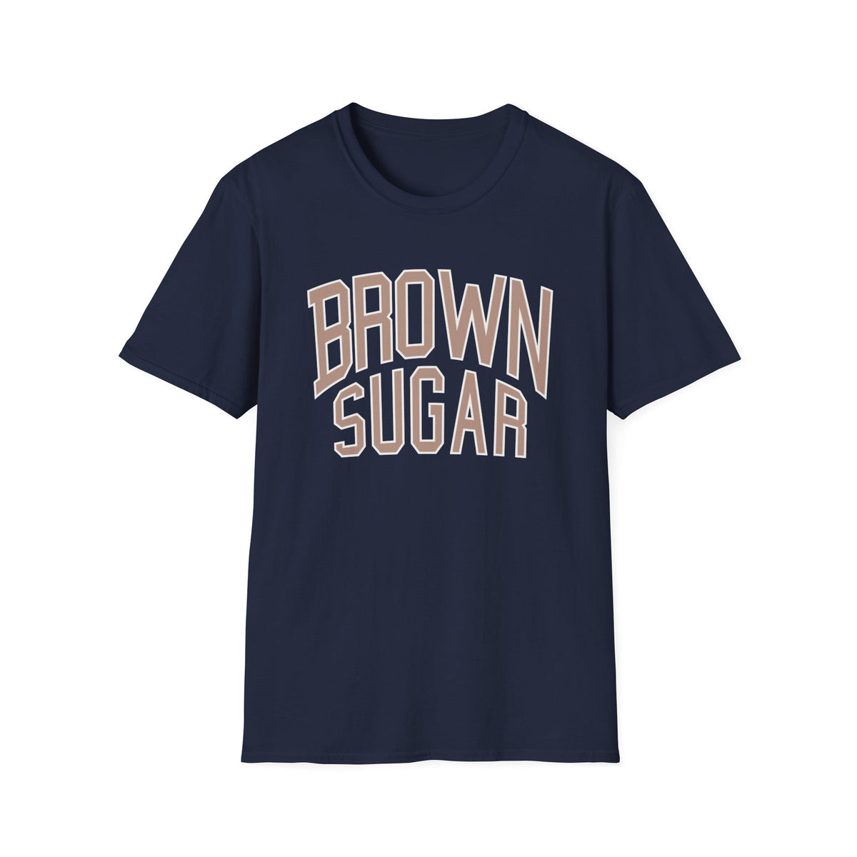 Navy t-shirt with arched "BROWN SUGAR" text in beige and white.