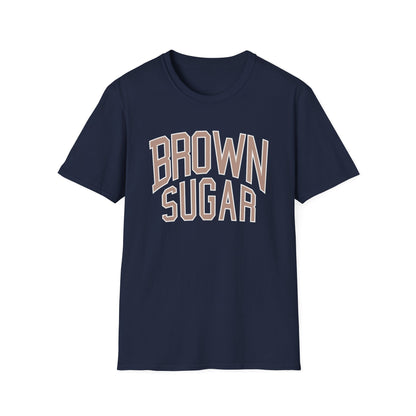 Navy t-shirt with arched "BROWN SUGAR" text in beige and white.