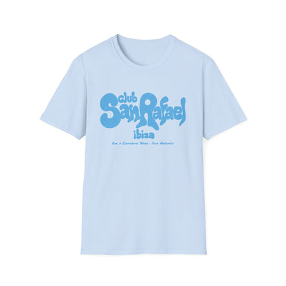 Light blue t-shirt with blue text "club San Rafael ibiza Km. 6 Carretera Ibiza - San Antonio".