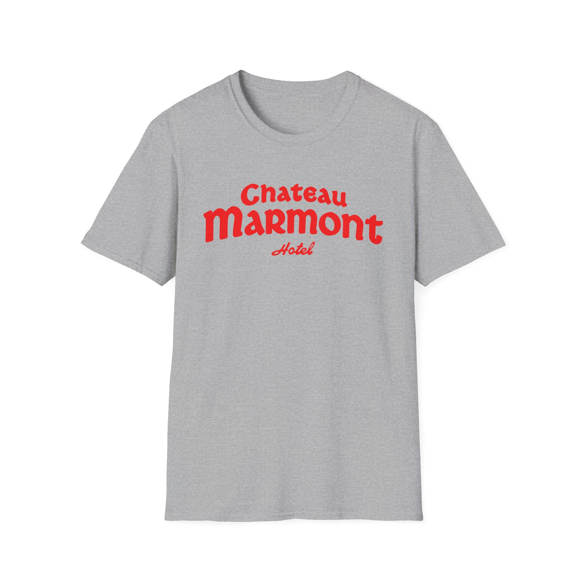 Grey t-shirt with red "Chateau Marmont Hotel" text.