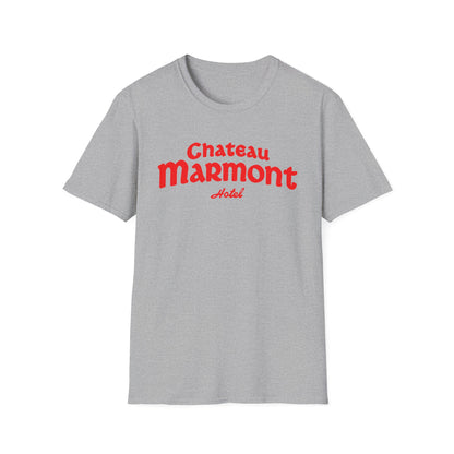 Grey t-shirt with red "Chateau Marmont Hotel" text.