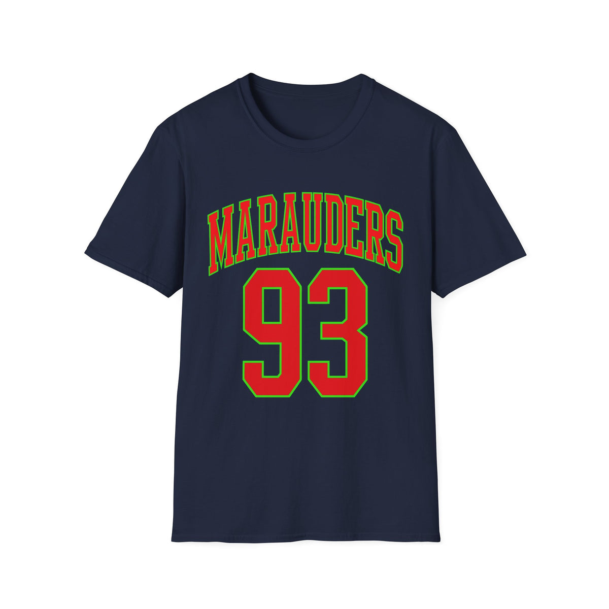 Navy t-shirt with red "MARAUDERS" and red "93" text.