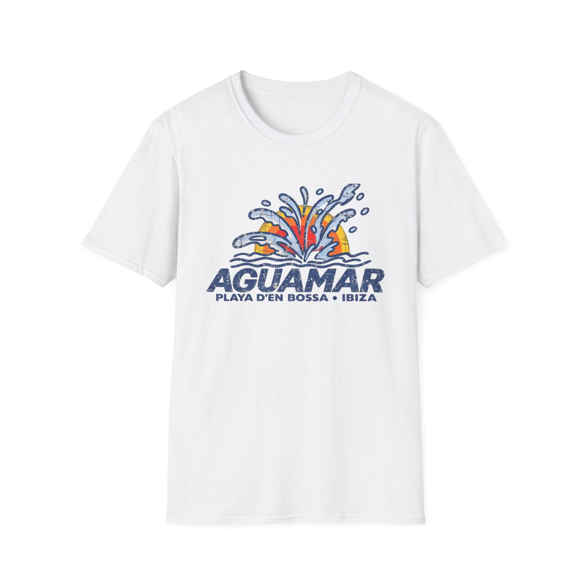 White t-shirt with "AGUAMAR PLAYA D'EN BOSSA IBIZA" text and water graphic.