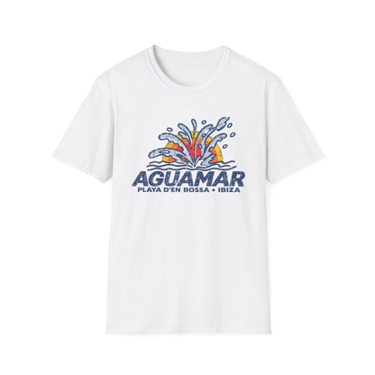 White t-shirt with "AGUAMAR PLAYA D'EN BOSSA IBIZA" text and water graphic.