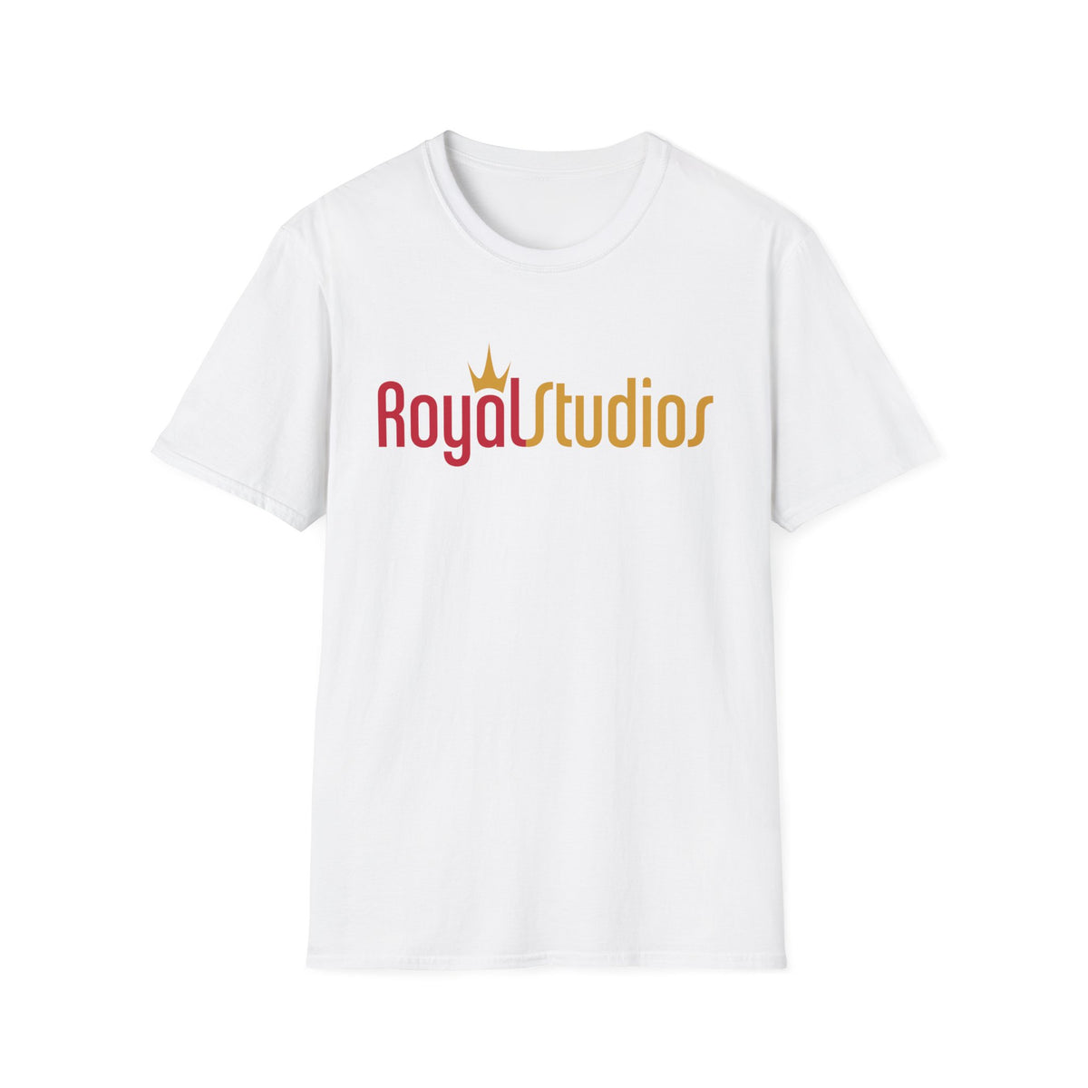 White t-shirt with "Royal Studios" logo in red and gold lettering.