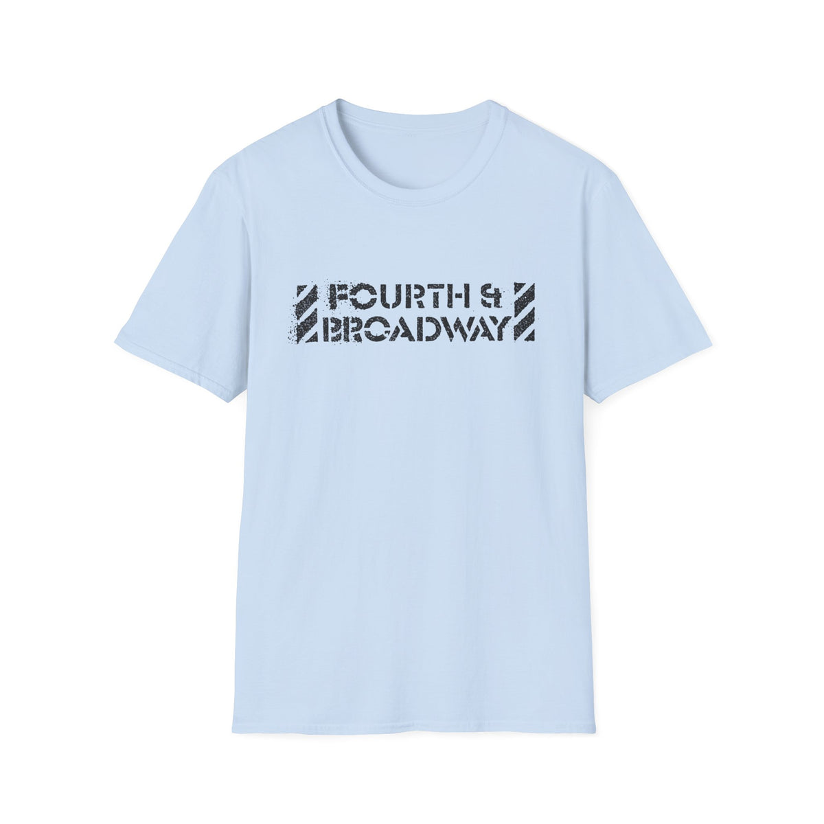 Light blue t-shirt with distressed black "FOURTH & BROADWAY" text graphic.
