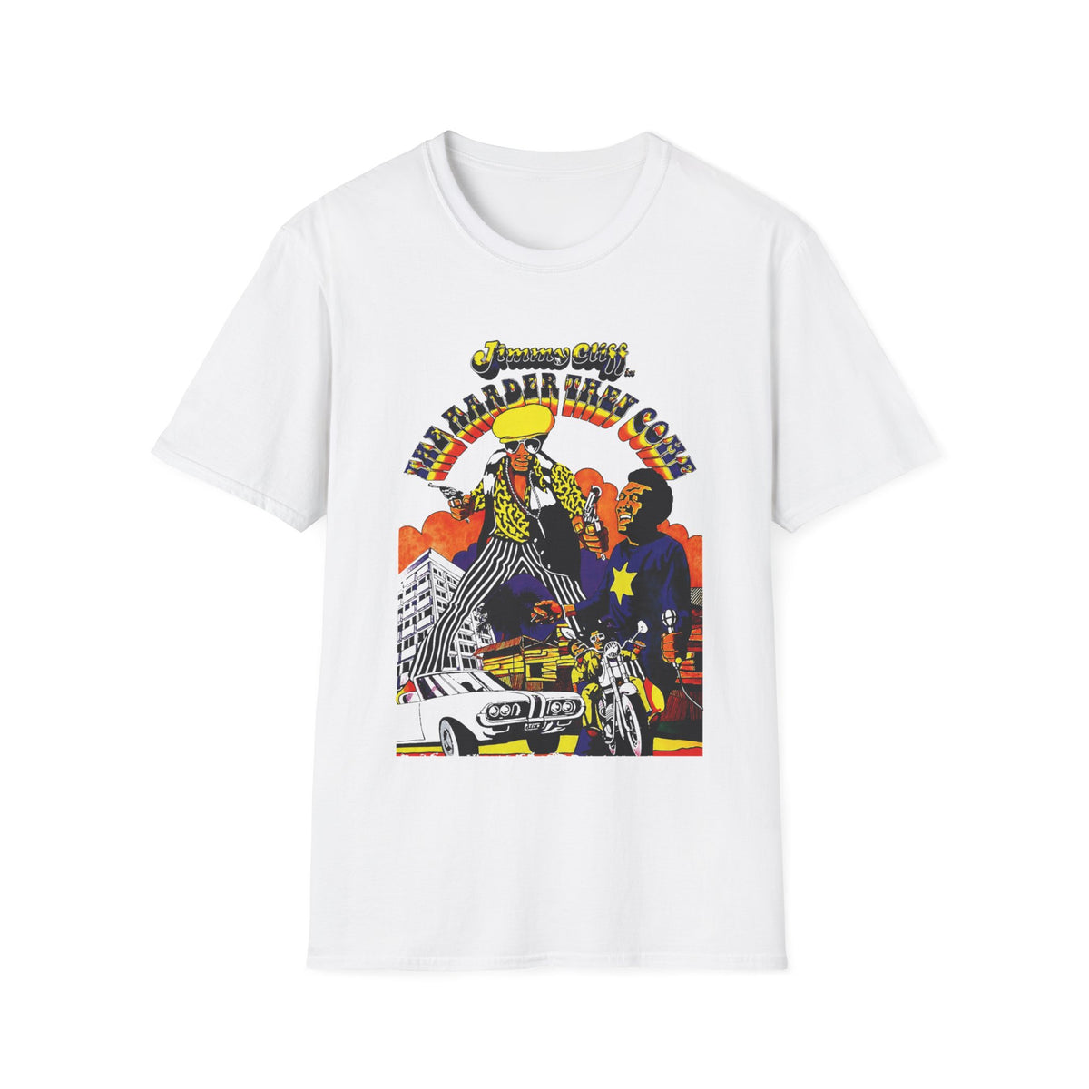 White t-shirt with Jimmy Cliff "The Harder They Come" graphic, two men with guns, motorcycle, and car.