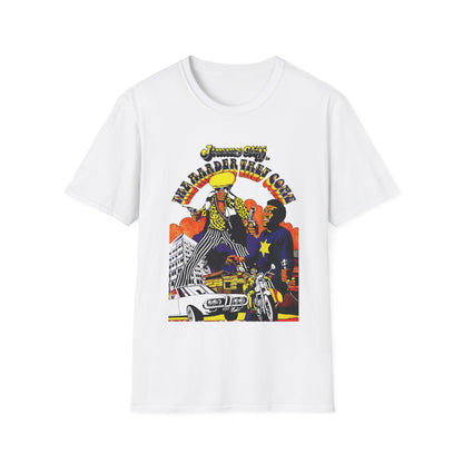 White t-shirt with Jimmy Cliff "The Harder They Come" graphic, two men with guns, motorcycle, and car.