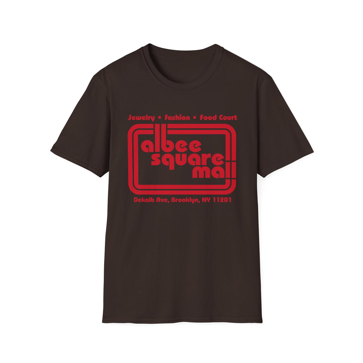 Brown t-shirt with red Albee Square Mall logo and Brooklyn address.