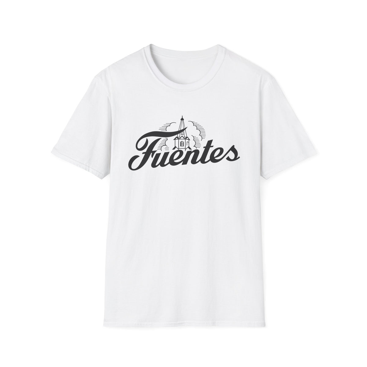 White t-shirt with black text "Fuentes" and a graphic of a building.