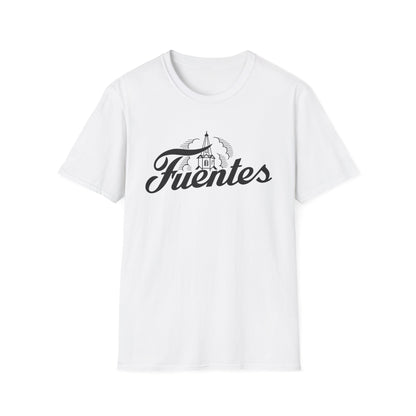 White t-shirt with black text "Fuentes" and a graphic of a building.