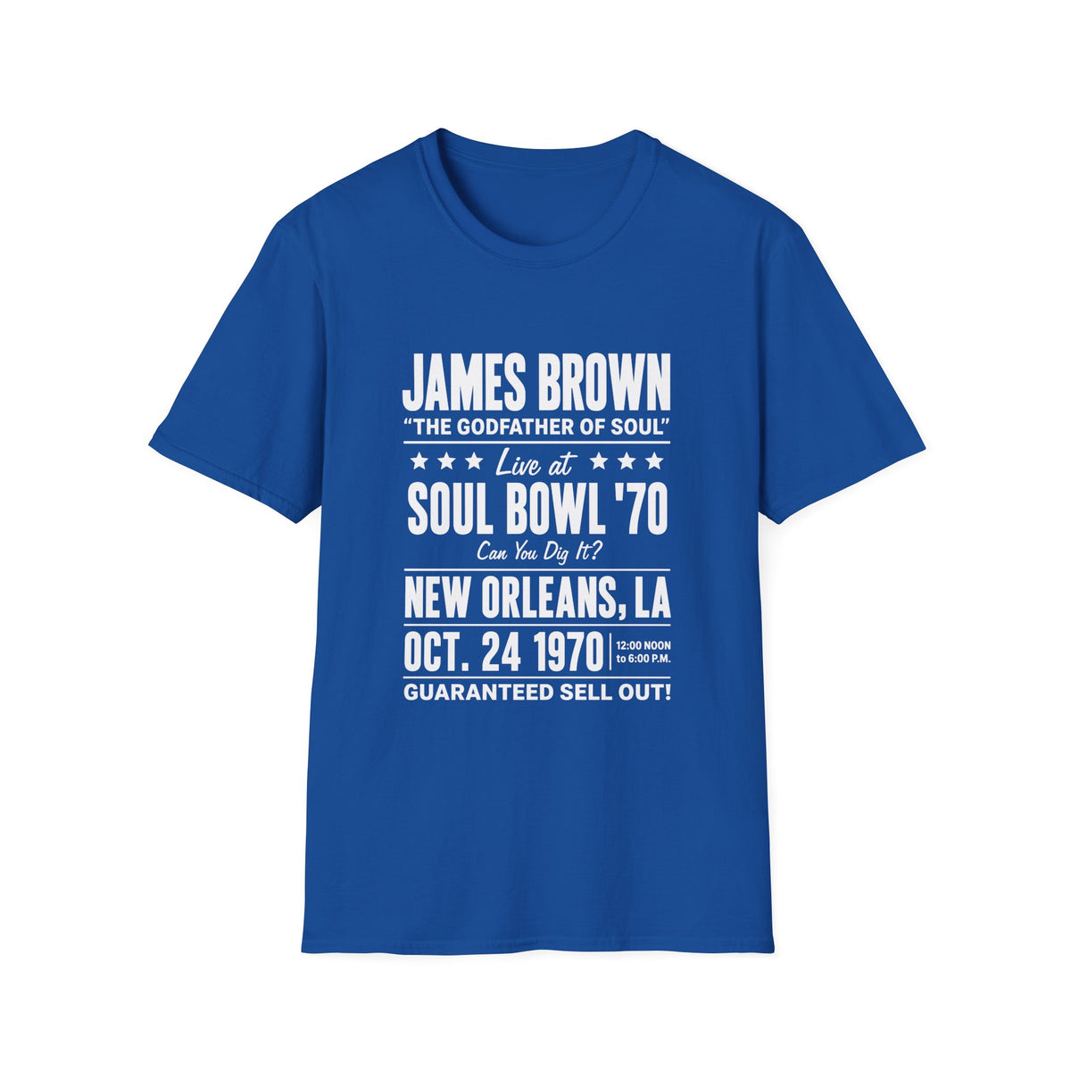 Blue t-shirt with "James Brown Soul Bowl '70" concert details printed in white.