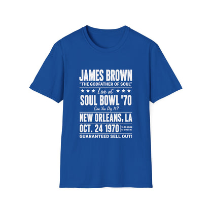 Blue t-shirt with "James Brown Soul Bowl '70" concert details printed in white.
