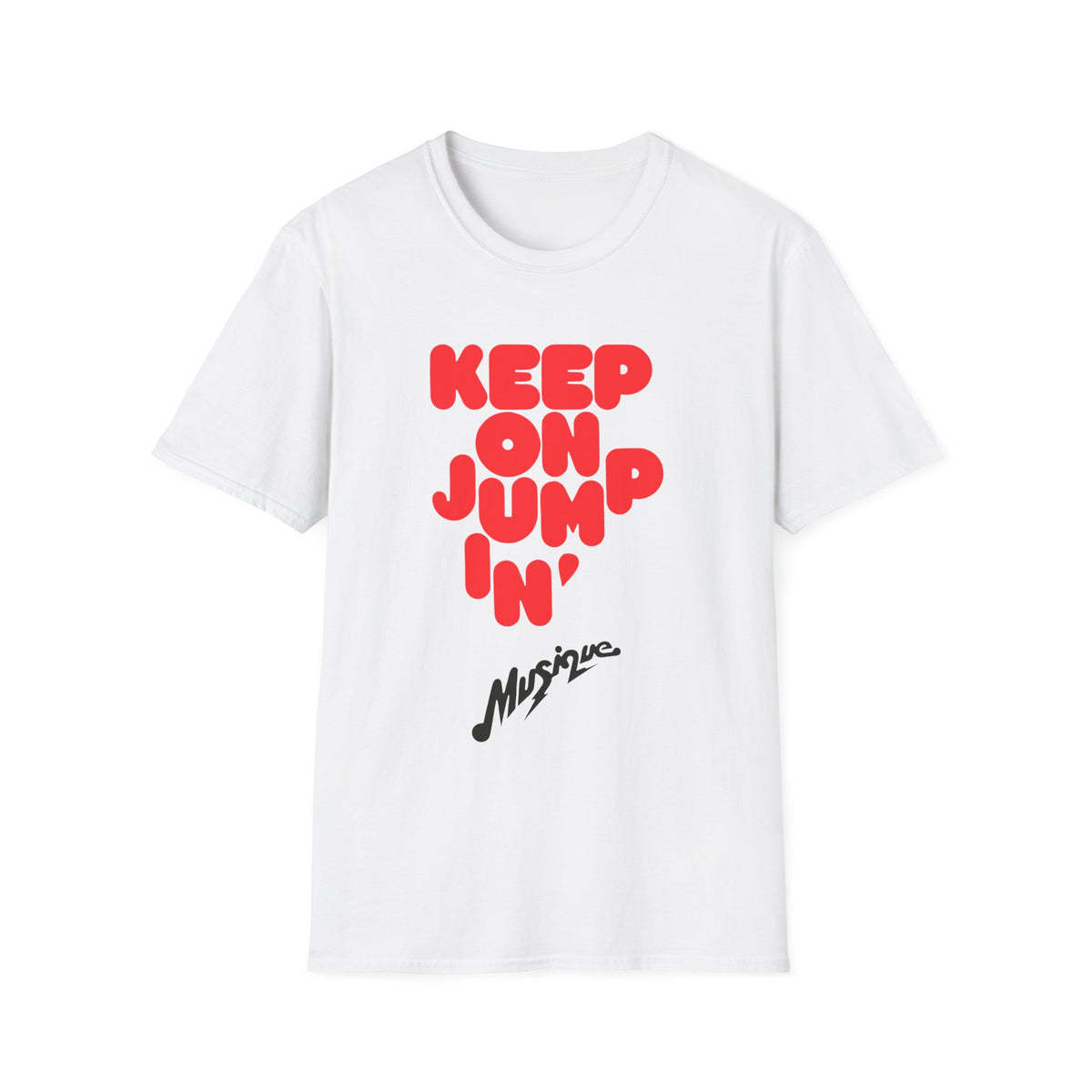 White t-shirt with red text "KEEP ON JUMP 'N'" and black text "Musique".