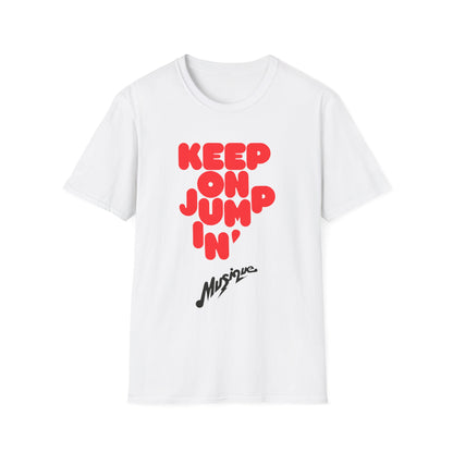 White t-shirt with red text "KEEP ON JUMP 'N'" and black text "Musique".