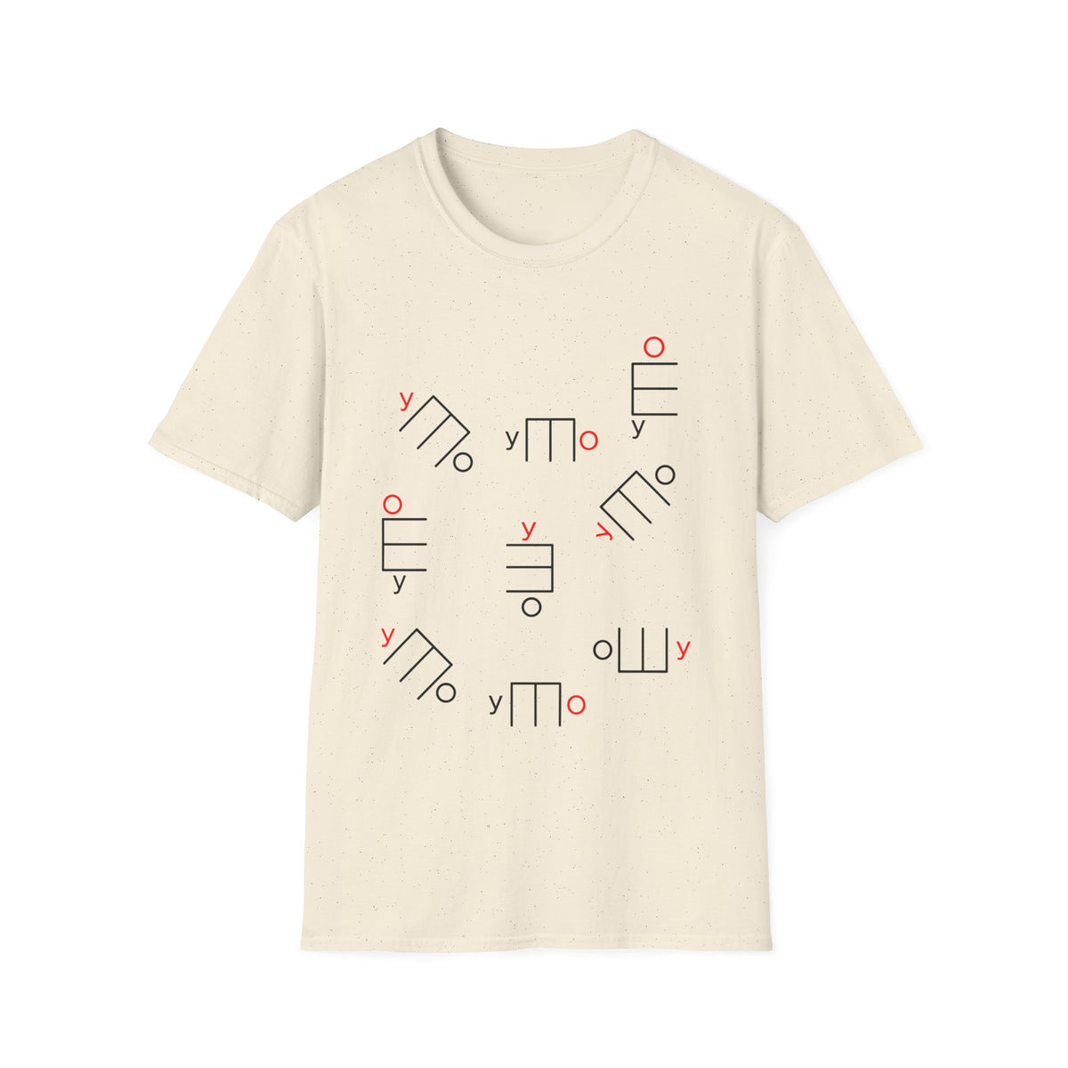 Light cream t-shirt with scattered black and red abstract geometric line art graphic.