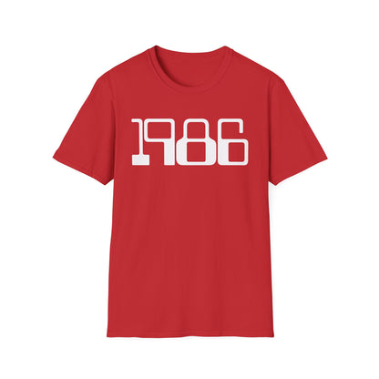 Red t-shirt with white "1986" graphic.