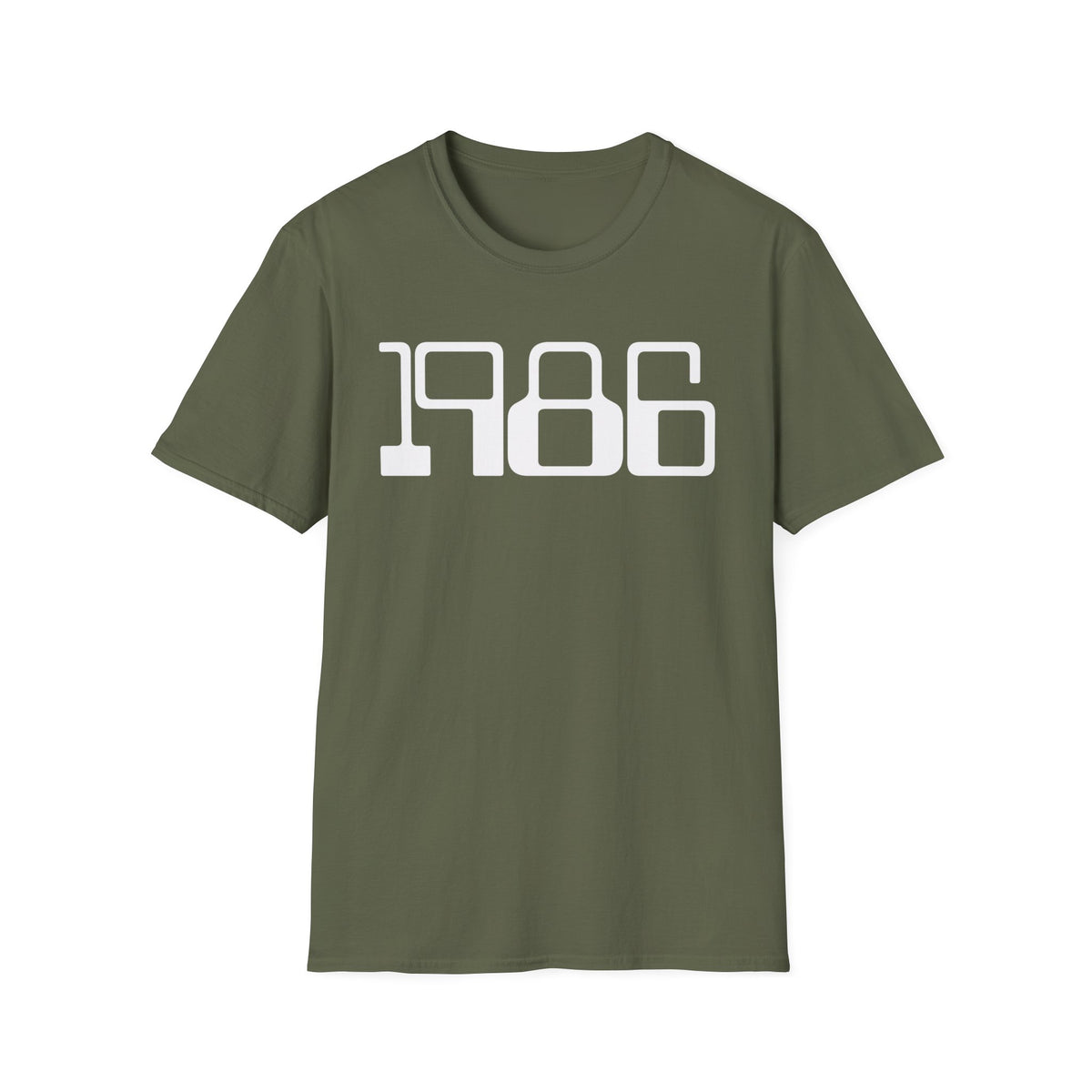 Green t-shirt with white text "1986" across the chest.