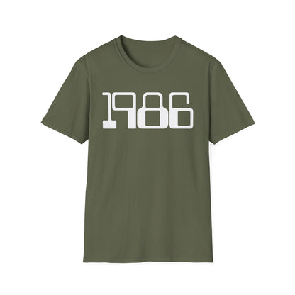 Green t-shirt with white text "1986" across the chest.
