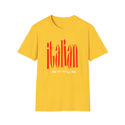 Yellow t-shirt with red "italian STYLE" graphic text.