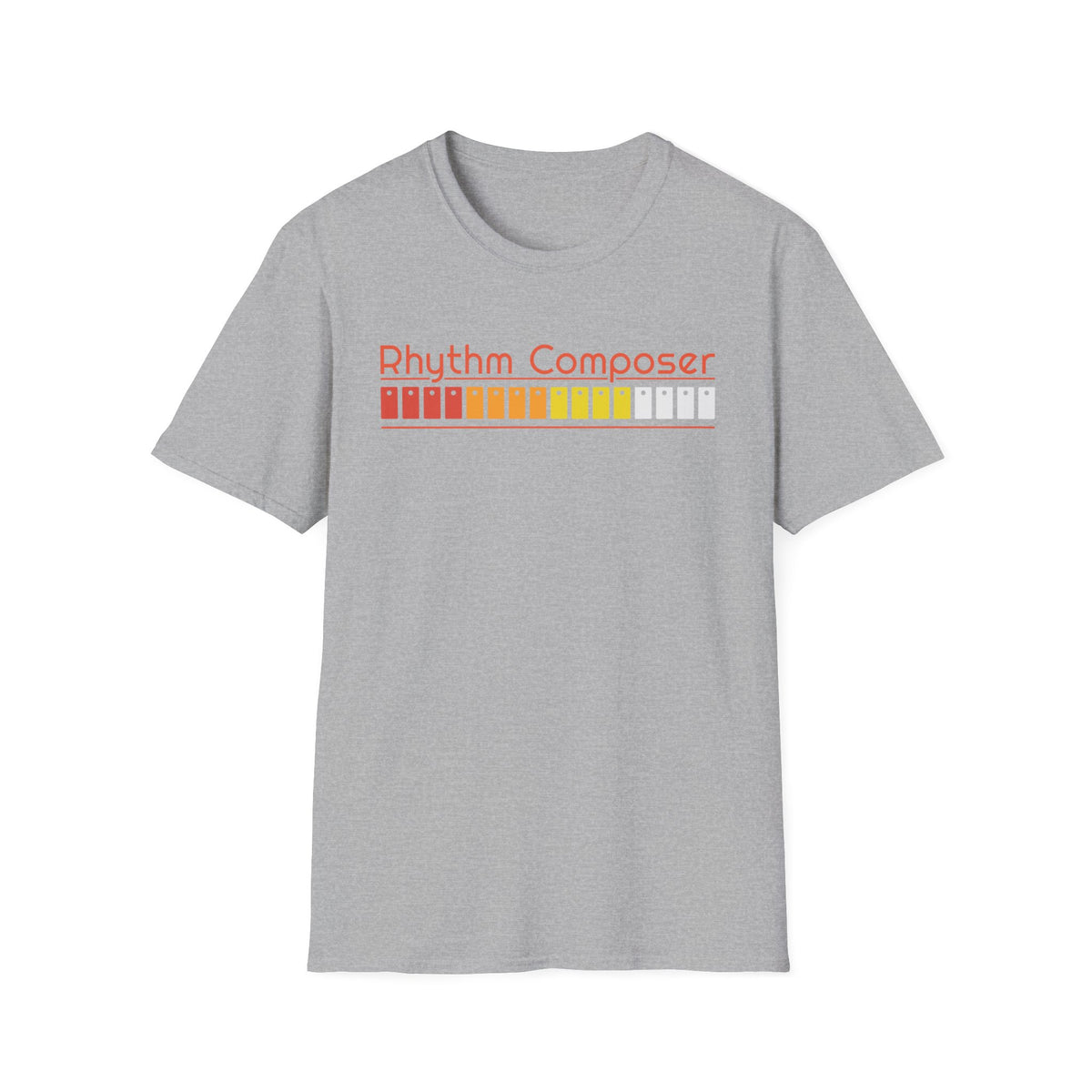 Gray t-shirt with "Rhythm Composer" text and colorful buttons.