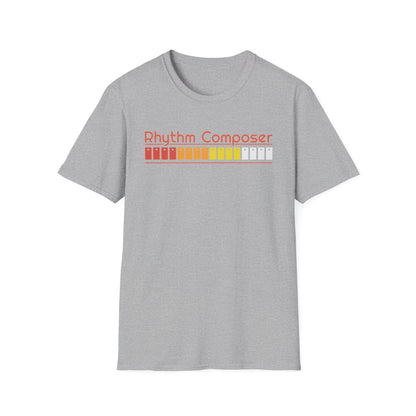 Gray t-shirt with "Rhythm Composer" text and colorful buttons.