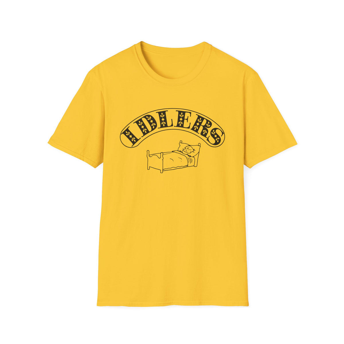 Yellow t-shirt with black graphic of a person in bed and the word "IDLERS".