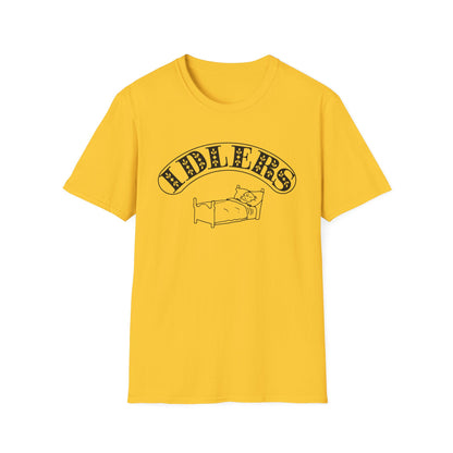 Yellow t-shirt with black graphic of a person in bed and the word "IDLERS".