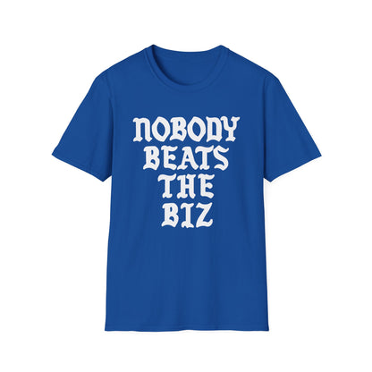 A royal blue short-sleeve crewneck t-shirt with white text reading "NOBODY BEATS THE BIZ" centered on the chest.