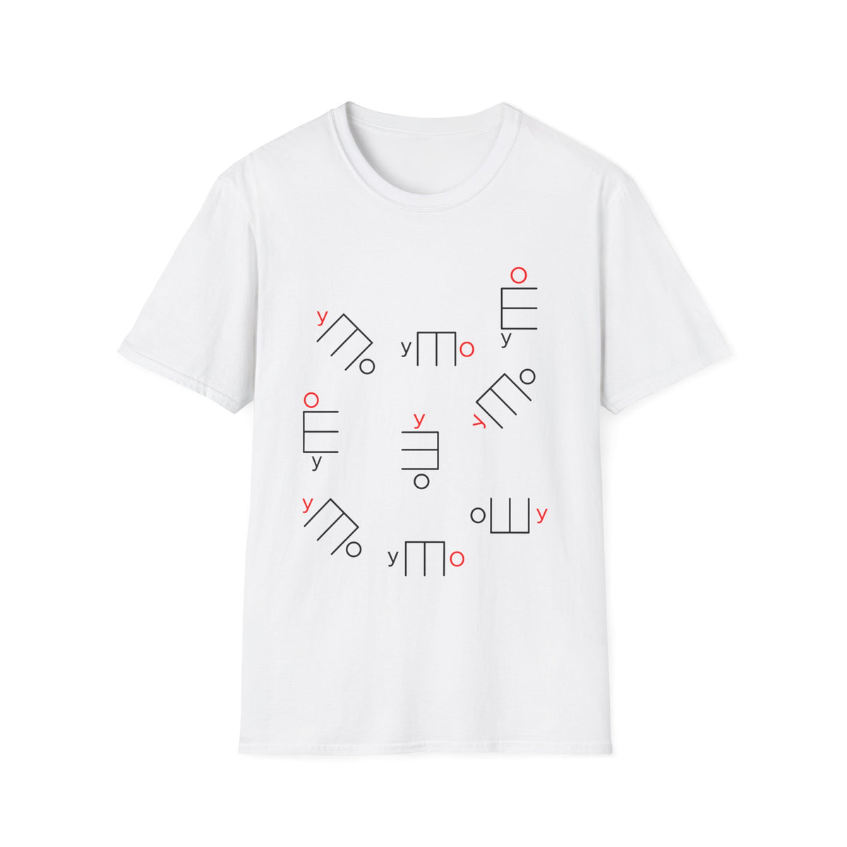 White t-shirt with abstract geometric pattern of lines, circles, and "y" in black and red.