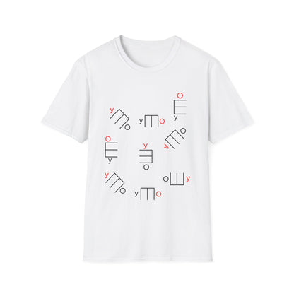 White t-shirt with abstract geometric pattern of lines, circles, and "y" in black and red.