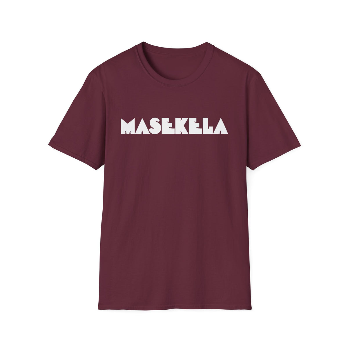 Maroon t-shirt with "MASEKELA" in white uppercase letters.