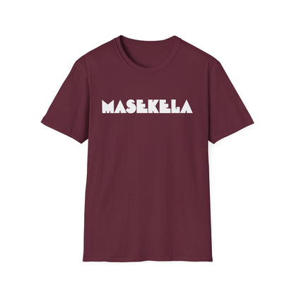 Maroon t-shirt with "MASEKELA" in white uppercase letters.