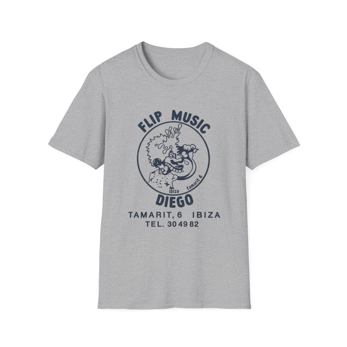 Grey t-shirt with blue graphic of cartoon character and text "FLIP MUSIC DIEGO IBIA TAMARIT, 6".