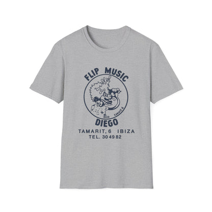 Grey t-shirt with blue graphic of cartoon character and text "FLIP MUSIC DIEGO IBIA TAMARIT, 6".